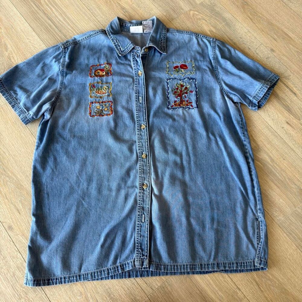 Bobbie Brooks Women's 14W Denim Button Up Shirt Cottage VTG 90's Country Granny